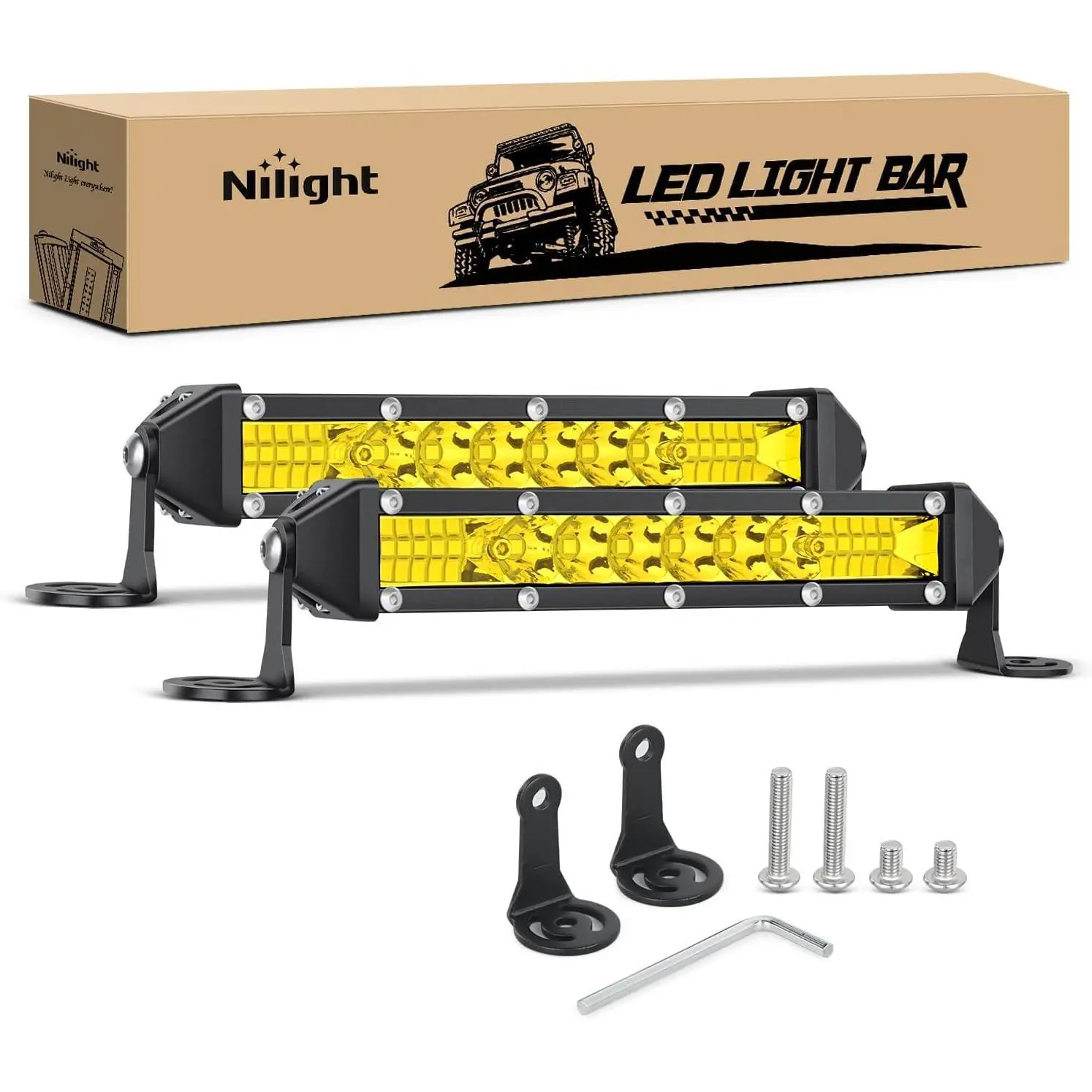 Nilight Slim LED Light Bar 2Pcs 7 Inch 16LED Single Row Spot Flood Combo Yellow Off Road Work Driving Fog Lighting for 12V 24V ATV UTV Pickup Truck Tractor Boat