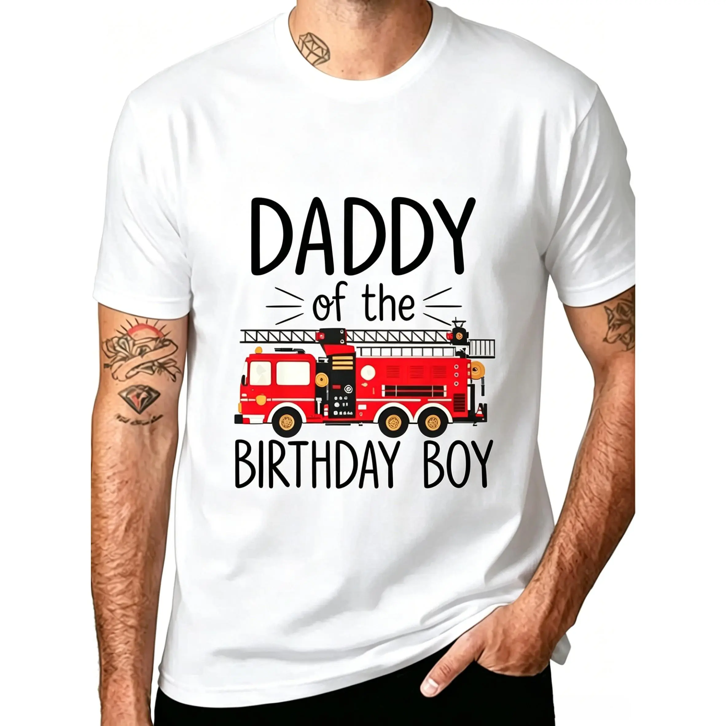 Firefighter Dad Birthday T-Shirt |   Fun Fire Truck Design Tee with "Birthday Dad" Text - Round Neck Casual Short Sleeve, Geometric Pattern, Perfect for Adults