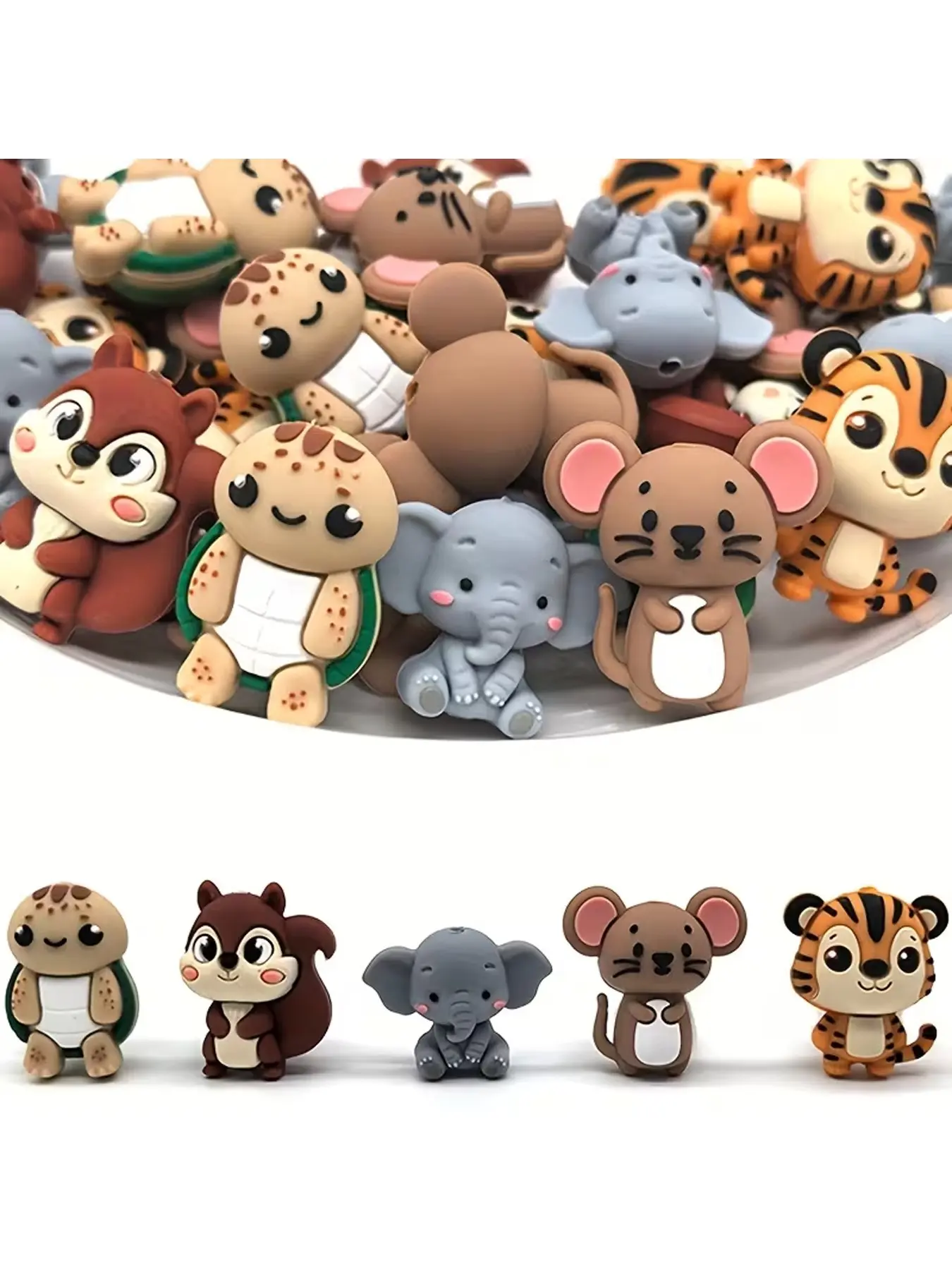 5PCS Forest Animal Silicone Beads Set, Cute Cartoon Wildlife Focal Beads, Turtle Squirrel Elephant Mouse Tiger Beads for Jewelry Making, DIY Bracelets Lanyards Beaded Pens Crafts, Holiday Birthday Gifts - Beads & Bead Assortments