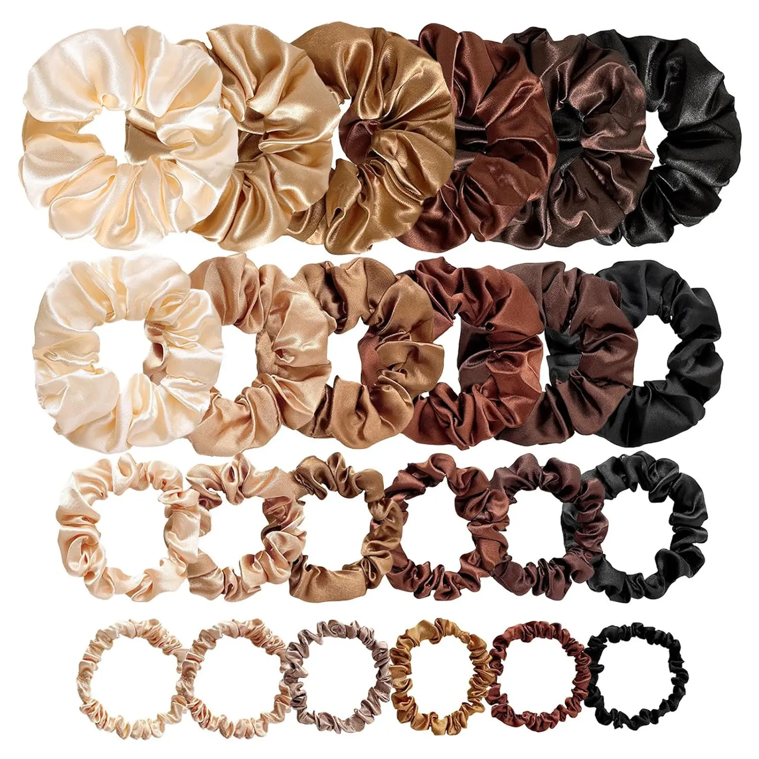24Pcs 4 Sizes Satin Hair Scrunchies for Women Teens Girls Kids, No Damage Big & Small Soft Hair Ties Bands for Thick/Thin/Curly Hair Ponytail Holder Accessories Wrist Decor, 6 Neutral Colors