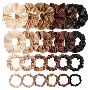 24Pcs 4 Sizes Satin Hair Scrunchies for Women Teens Girls Kids, No Damage Big & Small Soft Hair Ties Bands for Thick/Thin/Curly Hair Ponytail Holder Accessories Wrist Decor, 6 Neutral Colors