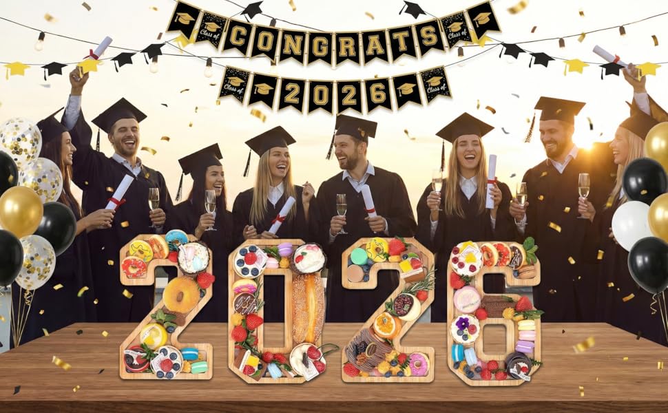 4PCS Wooden Graduation Decorations Number Charcuterie Board Box-(with 14 Balloons) 2026 Charcuterie Numbers Fillable Food Graduation Party Supplies