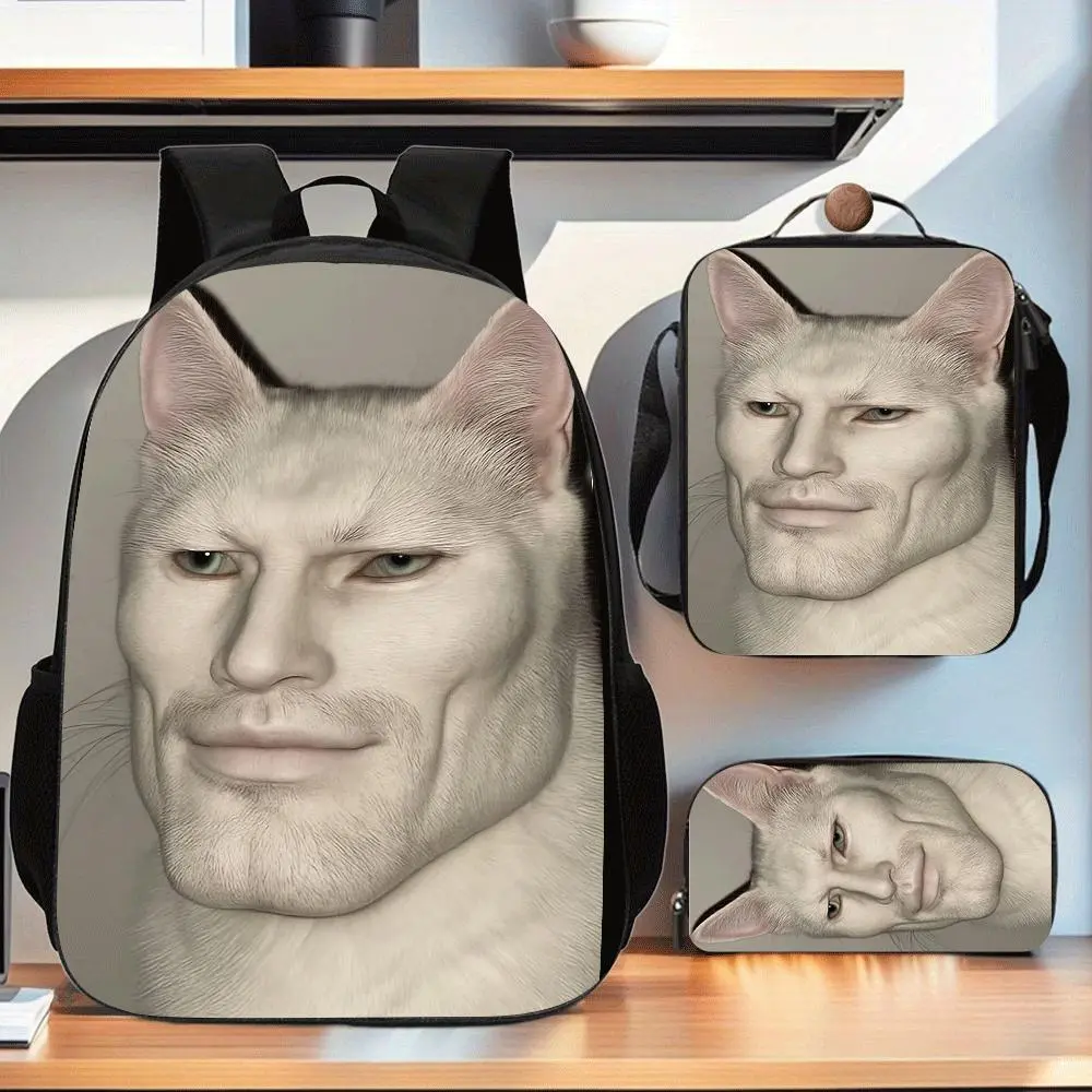 Kids 3-Piece Waterproof Cartoon Style Backpack Set - 600D Oxford, Back to School Haul, Campus Life, Meme Art Funny Human Face White Cat Print, Lightweight, 15-in Laptop Space, PEVA Insulated Lunch Box, Pencil Case, Breathable Padded Straps, School Pack, C