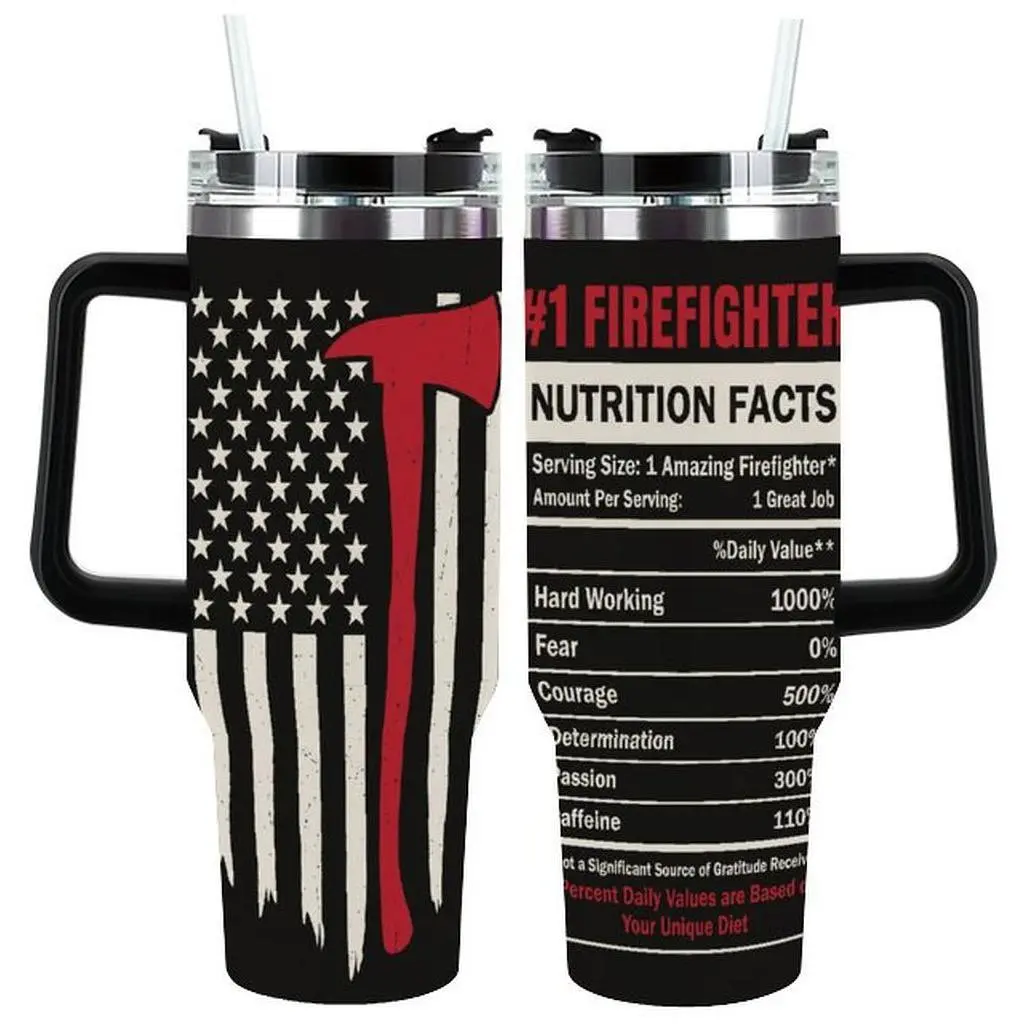 #1 Firefighter Nutrition Facts 40oz Tumbler, American Flag Fire Axe Insulated Cup, Patriotic Gift for Firemen & Firefighter Family
