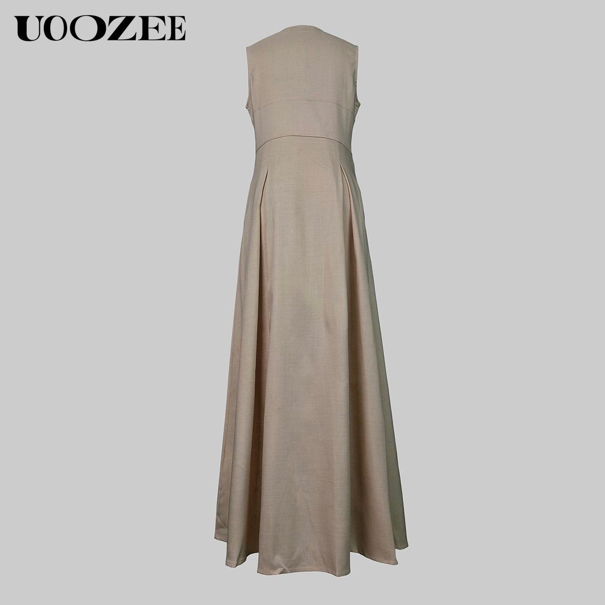 UOOZEE Women's Summer Casual Elegant A-line Loose Pleated Pockets Zipper Round Neck Long Minimalist Dress. Smaller Bust Fit One Size Up Recommended for C - Cup Above & smaller bust can order a normal size. Multiple colors, Sleeveless Womenswear Check