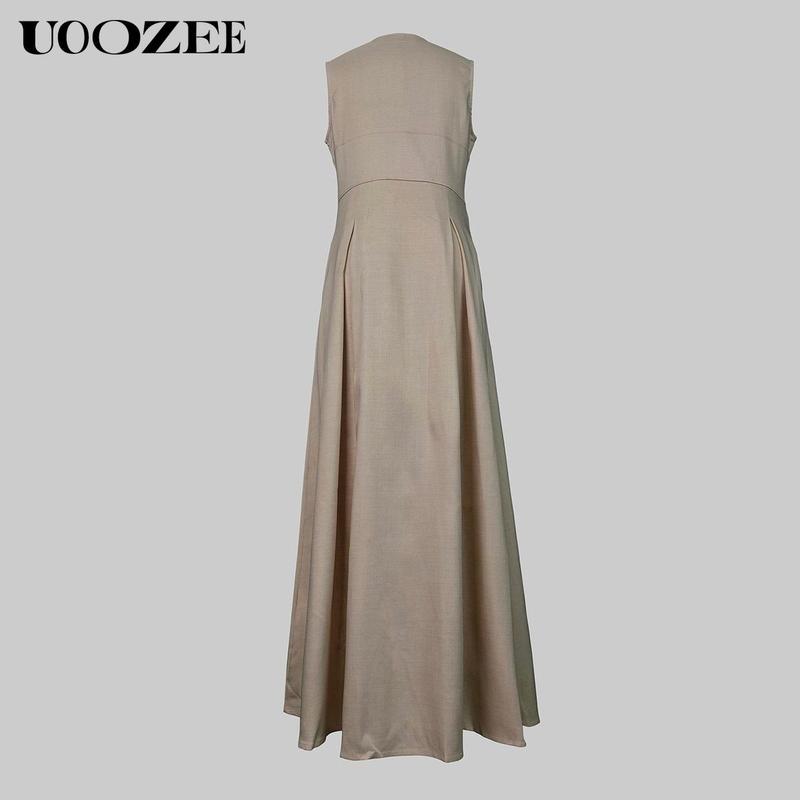 UOOZEE Women's Summer Casual Elegant A-line Loose Pleated Pockets Zipper Round Neck Long Minimalist Dress. Smaller Bust Fit One Size Up Recommended for C - Cup Above & smaller bust can order a normal size. Multiple colors, Sleeveless Womenswear Check