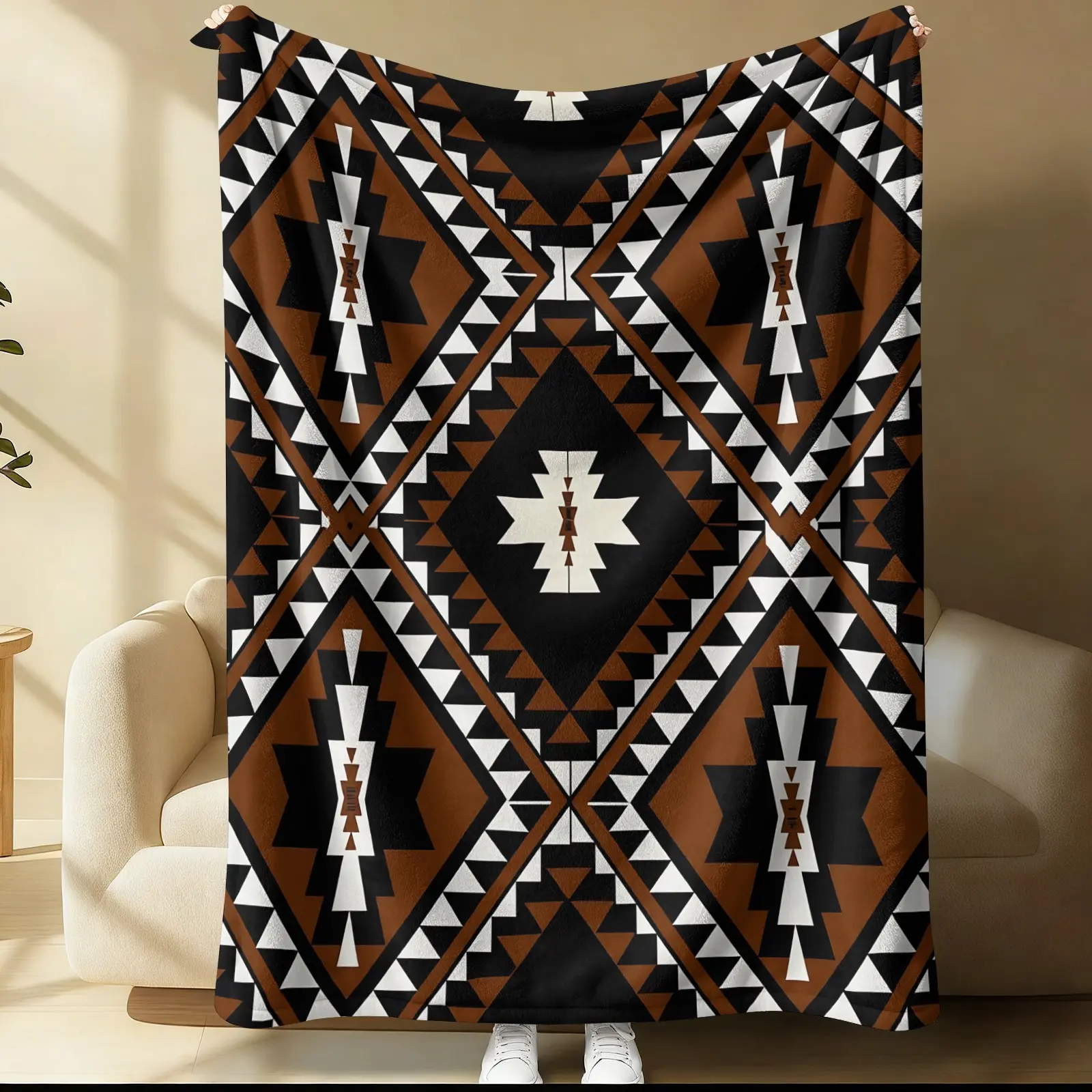 Rustic Western Flannel Blanket for Sofa Bed, Southwestern Aztec Throw Blanket Bohemian Bed Blanket Ethnic Mexican Style Geometric Diamond Warm Blanket Brown Black Gift Blankets
