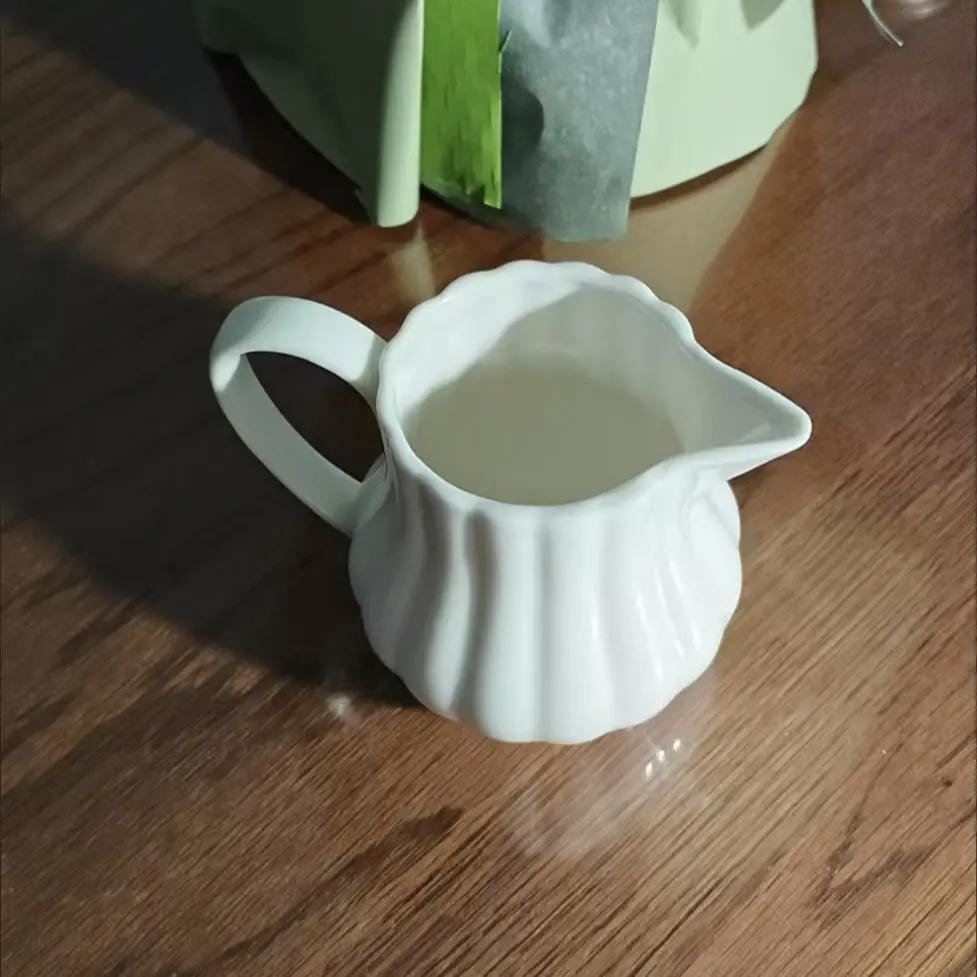 Vintage Ribbed Ceramic Creamer Jug, Aesthetic Pearl Glaze Mini Milk Pitcher, Small Syrup Dispenser & Sauce Cup with Spout, Heat-Resistant Coffee Serving Utensil