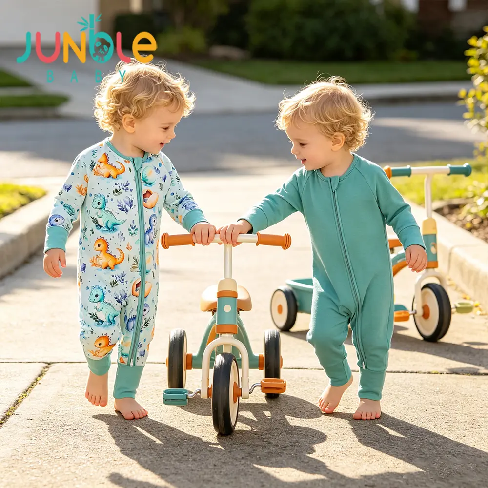 Junblebaby 2PCS/Bamboo Boys  Baby Zipper Romper Footies Pajamas, Watercolor dinosaurs and eggs + solid colors prints,0-24 Months, 2-Way Zipper, Fold-Over Mittens& Feet, Non-Slip Soles,Super Soft Fabric, Long/Short Sleeve, Autumn, Fall