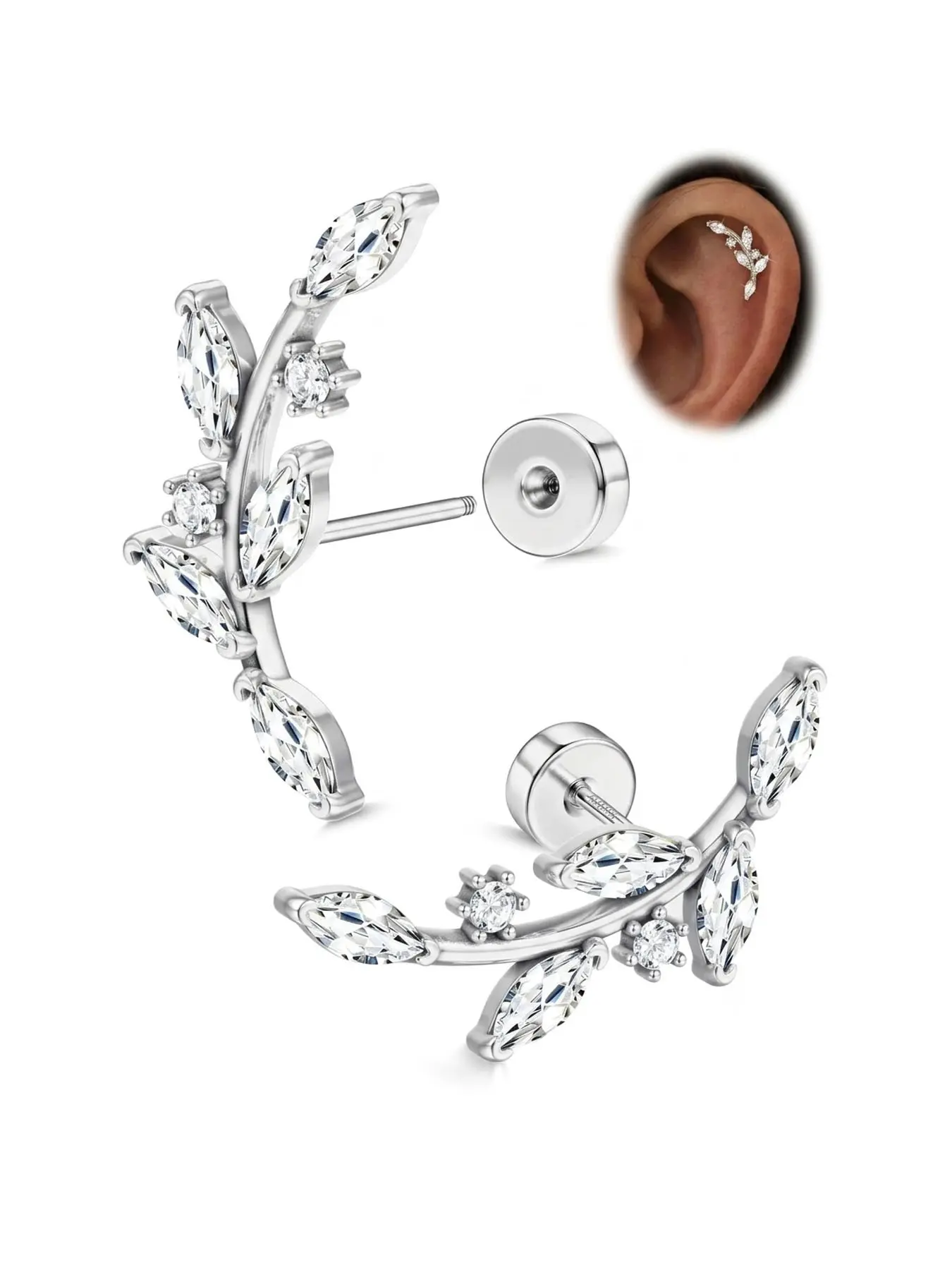 Stainless Steel Leaf Cartilage Ear Piercing Set, Recycled Stainless Steel Branch Crystal Helix Stud Earrings, Sustainable Body Jewelry Gift for Women