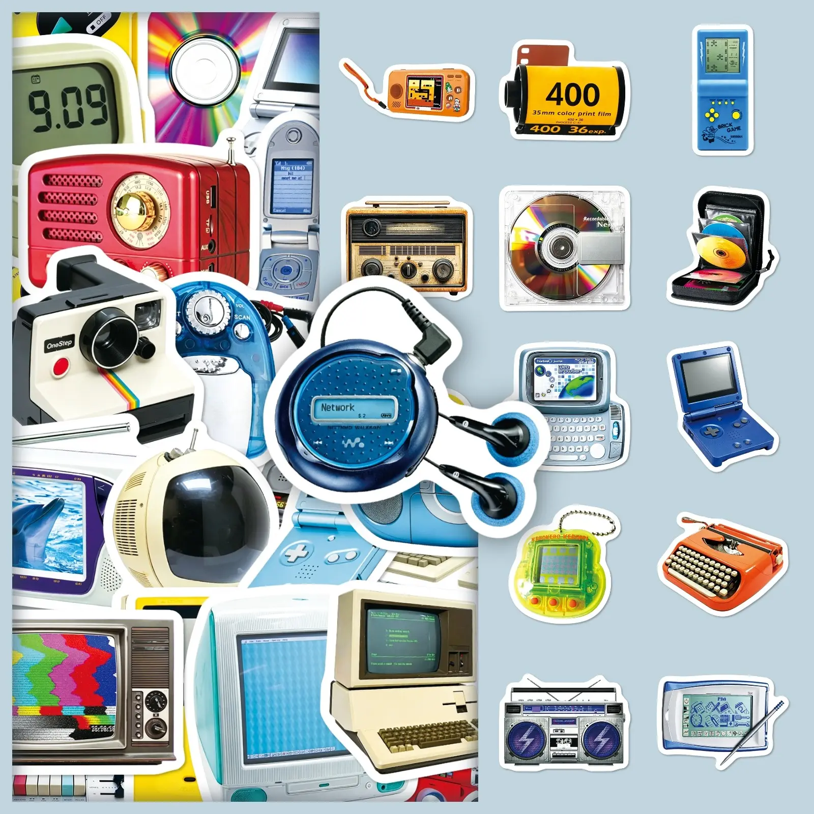 100 Pcs Retro Tech Y2K Aesthetic Stickers – 2 Sets Vintage Digital Design DIY Decor for Scrapbooking, Phone Case & Laptop