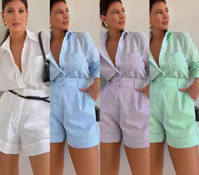 Women's Suit Set Commuting Style Old Money Fashion Casual Short Trousers Long Sleeve Shirt Set