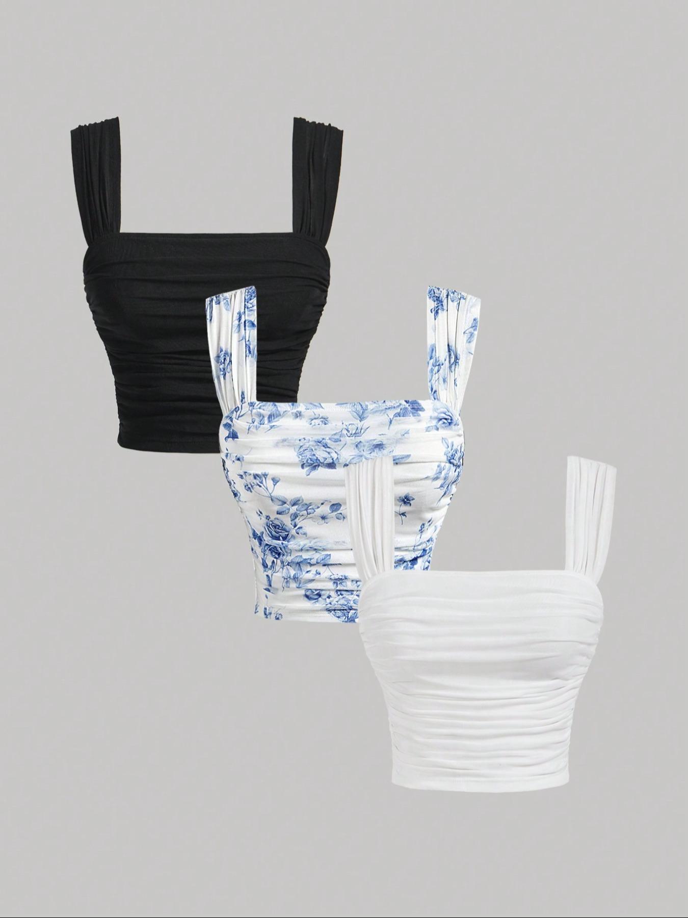 Women's Plain / Floral Print Ruched Tulle Tank Top, Elegant Sleeveless Top for Summer, Ladies Clothes for Daily Wear, Cropped Cami Top