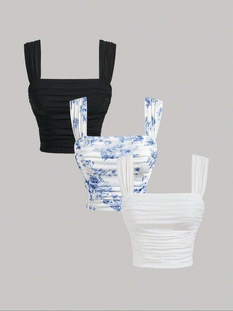 Women's Plain / Floral Print Ruched Tulle Tank Top, Elegant Sleeveless Top for Summer, Ladies Clothes for Daily Wear, Cropped Cami Top