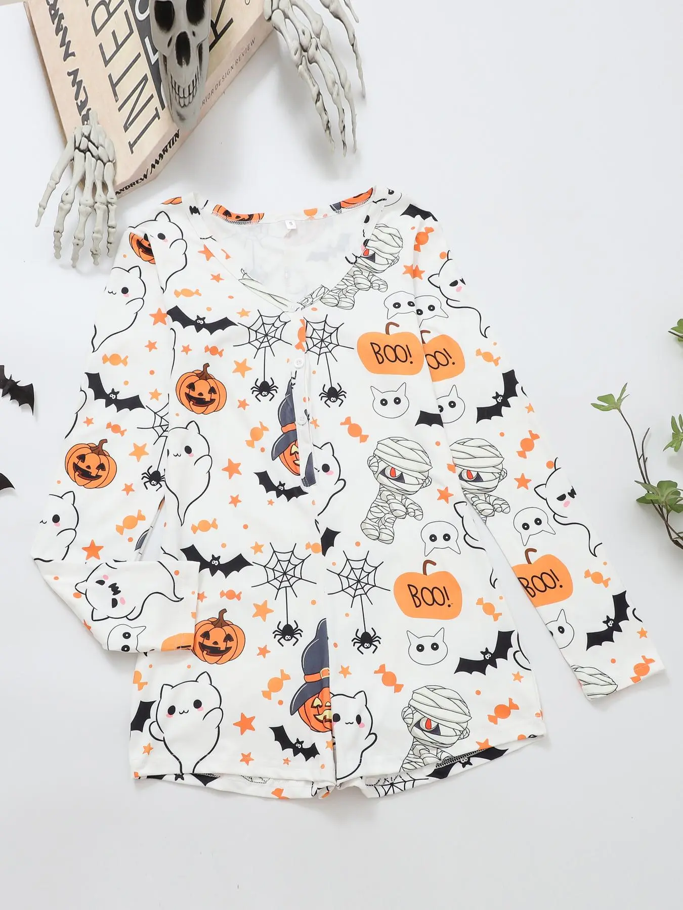Women's All Over Print Button Front Romper Onesies, Casual Long Sleeve V Neck Sleepwear Loungewear for Spring & Fall, Lady's Sleepwear for Indoor Wear Fit