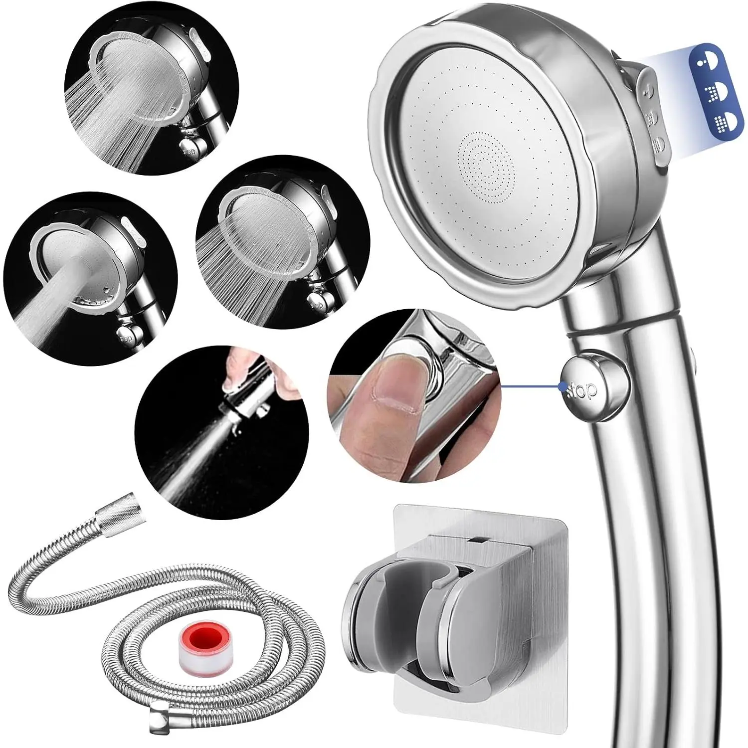 Chrome /Off High  Handheld Shower  for RV Camper | 3  Modes Shower  with Pause Button, Water Saving Shower  with Hose and Adjustable Self-adhesive Holder