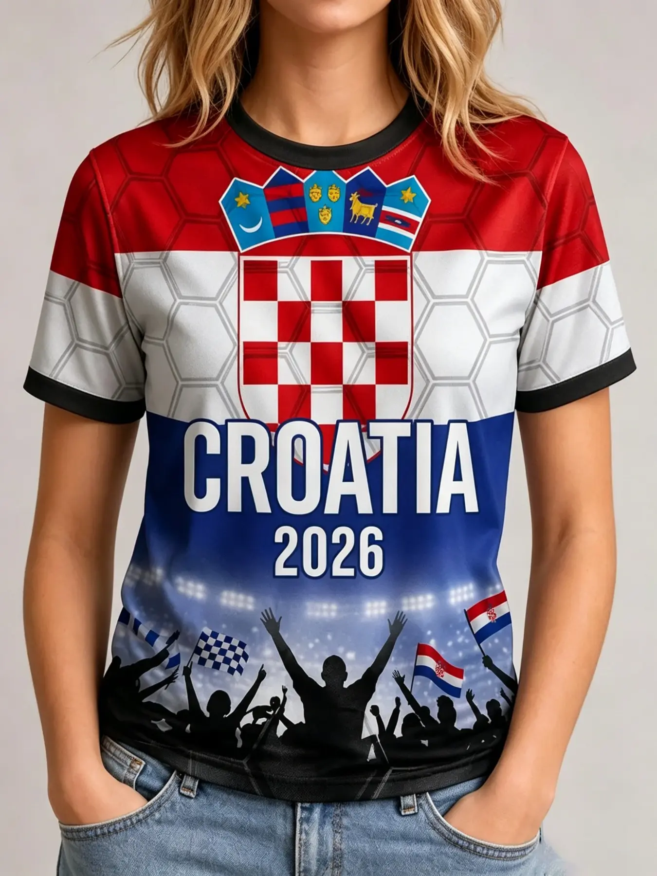 Croatia National Emblem Red-and-White Checkered Fan Short-Sleeve Couple Jerseys