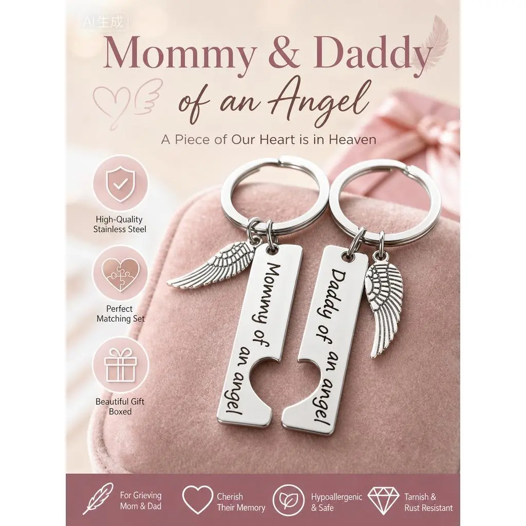 Angel Baby Memorial Stainless Steel Keychain Set - Rust-Resistant Metal Keepsake Jewelry with Angel Wings Charm, Mirror Shine Finish, Puzzle Pieces Detail, Pink Gift Box for Sympathy Gifting to Grieving Parents, Cute Keychains, Sympathy Gifts, Infant