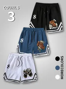 Men's 3 Pack Money Hand Dollar Print Basketball, Hip Hop Streetwear Striped Hem Athletic, Elastic Drawstring Waist Breathable Fabric Loose Fit Workout Sweat Shorts, Fashionable Summer Shorts, Ideal for Basketball, Daily Casual Summer Outf