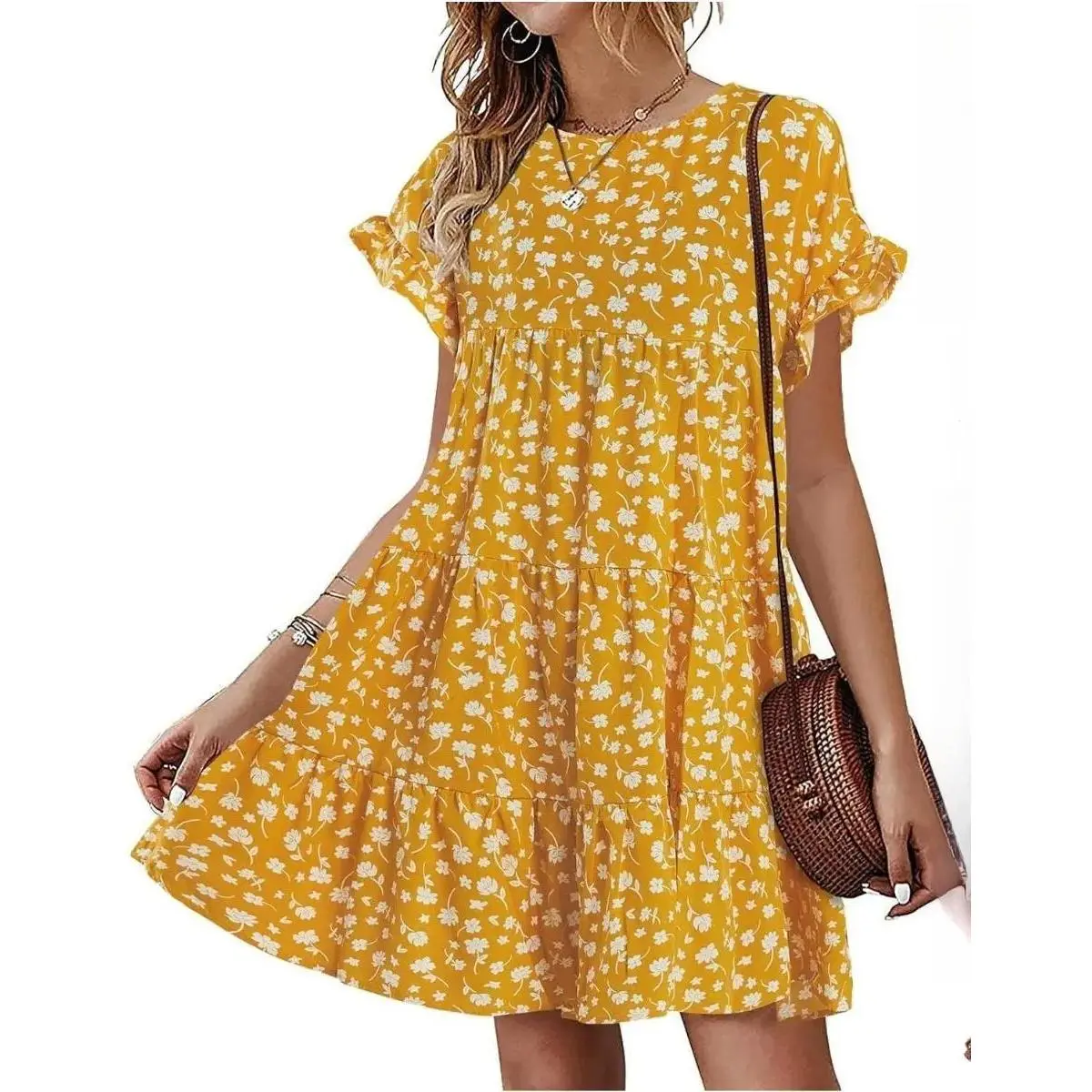 Women's Bohemian Ruffled Floral Printed Babydoll Loose Swing Casual Short Mini T-Shirt Dress