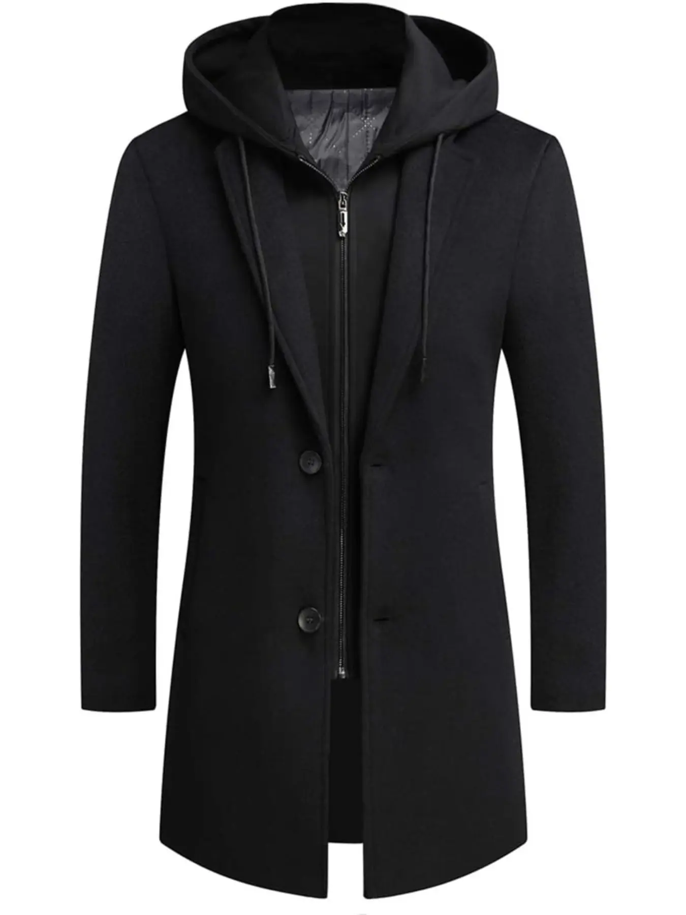 1 PC Men's Windbreaker Coat - Winter Wool Blend Jacket - Long-Sleeved Warm Bean Bag Men's Capable Casual Wool High-End Business Detachable Hooded Single-Chest Coat - Classic Style with Detachable and Waist-Length Design TNZI Solid Coat