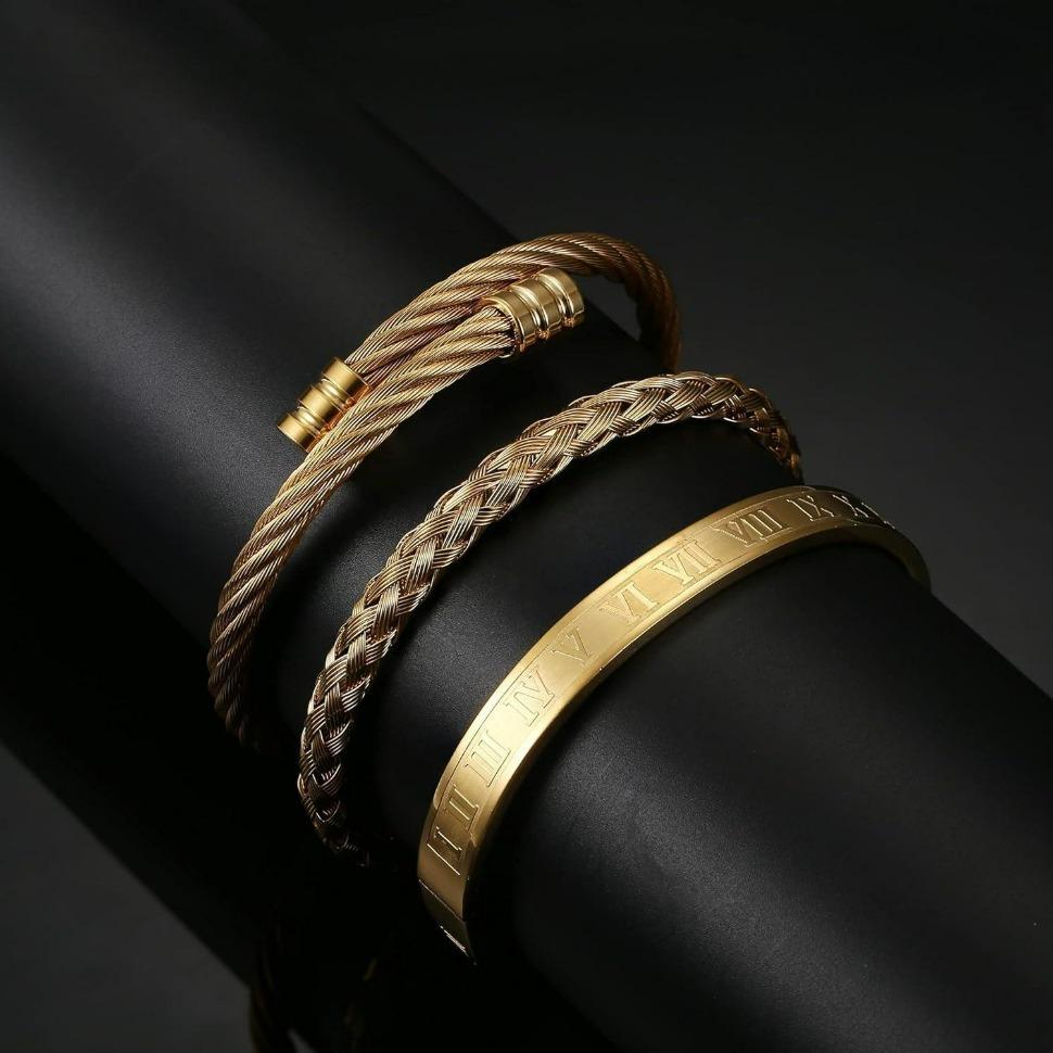 FINREZIO 3PCS Stainless Steel Men's Roman Numeral Bangle Bracelet Adjustable Cuff Twisted Cable Design Luxury Jewelry Gift in Gold, Silver, or Black