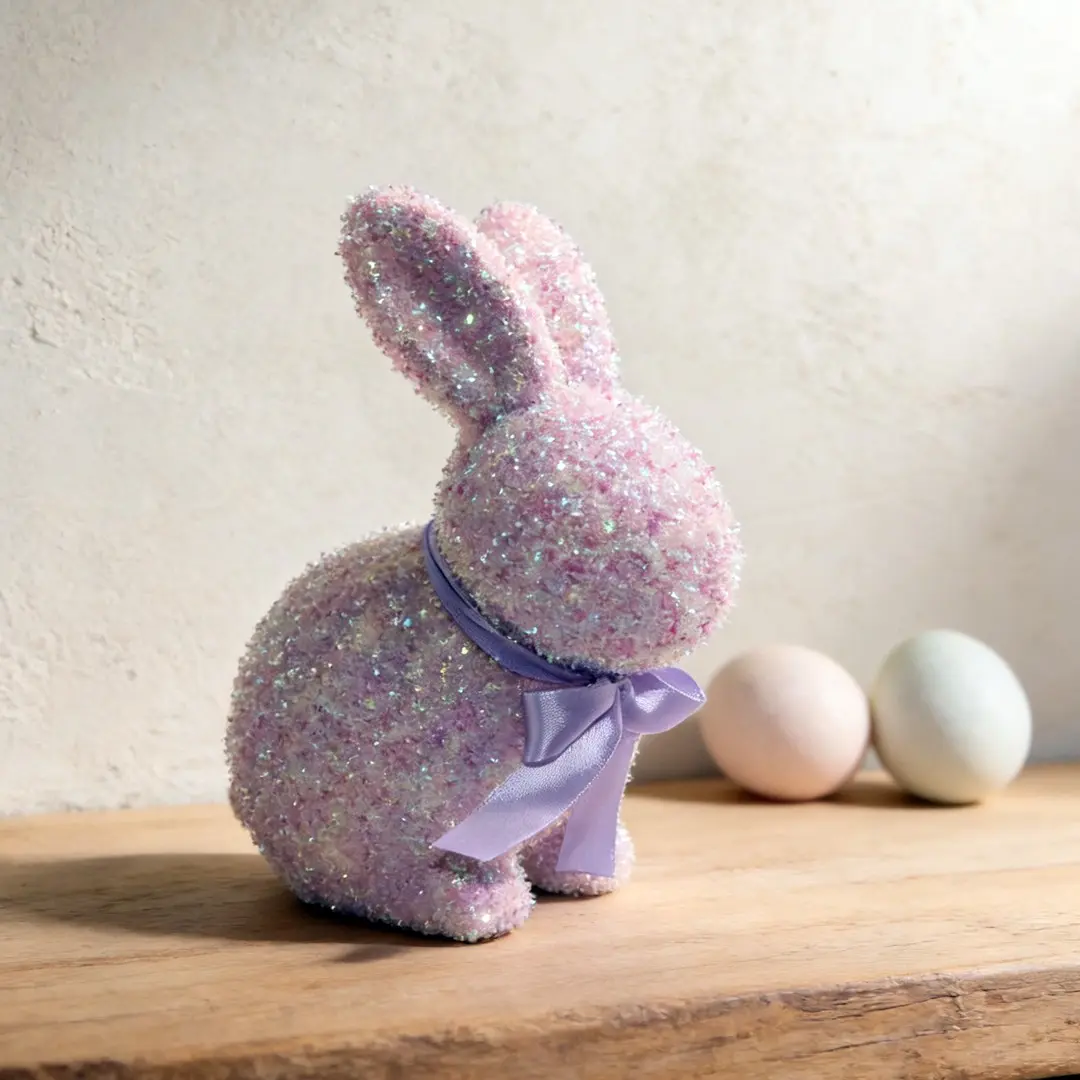 New Easter Standing Realistic Rabbit Figurine, High-End Glitter Sparkle Bowknot Decoration, Holiday Egg Atmosphere Setup, Spring Home Gift