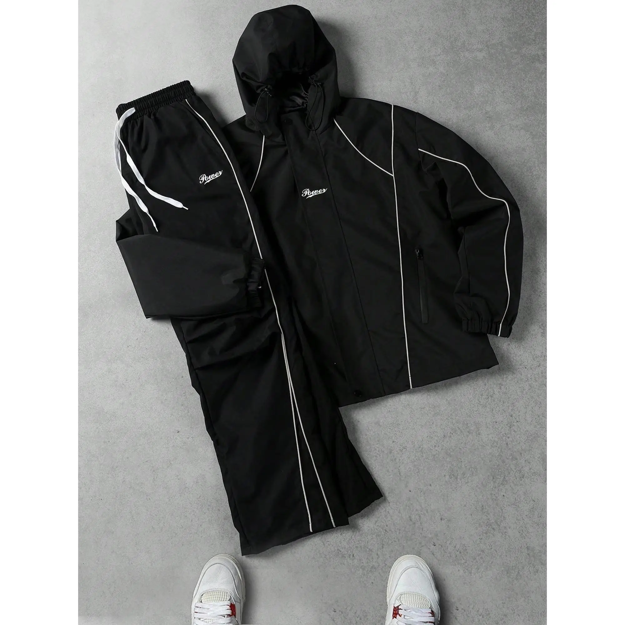 VIRAL Black Techwear Tracksuit Set | Y2K Reflective Piping Hooded Jacket & Pants