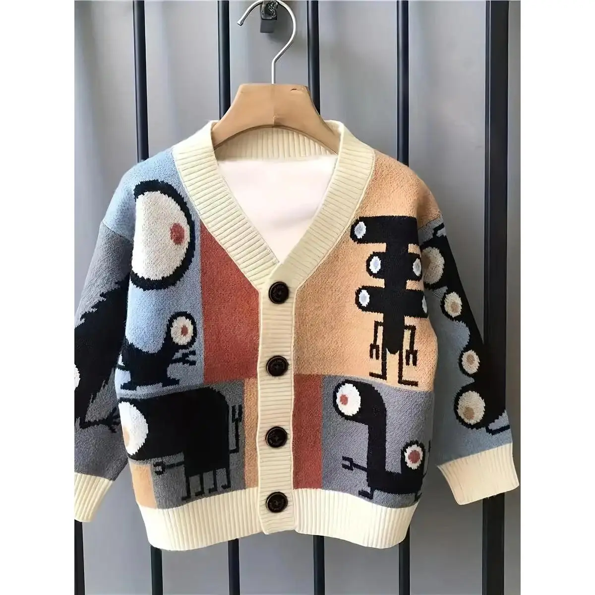 Boys' Fitted Knitted Cardigan Sweater, Autumn Winter New Arrival, Korean Style, Cartoon Figure Print, Party Wear, Sizes 1-2y(90cm), 110(4-5y), 130(7-8y), 3-4Y(100Cm)