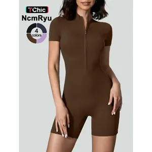 Fashion Zipper Sporty Yoga Jumpsuit Short Playsuit Women Romper Short Sleeve Gym Fitness Overalls One Piece Sports Suit Unitard