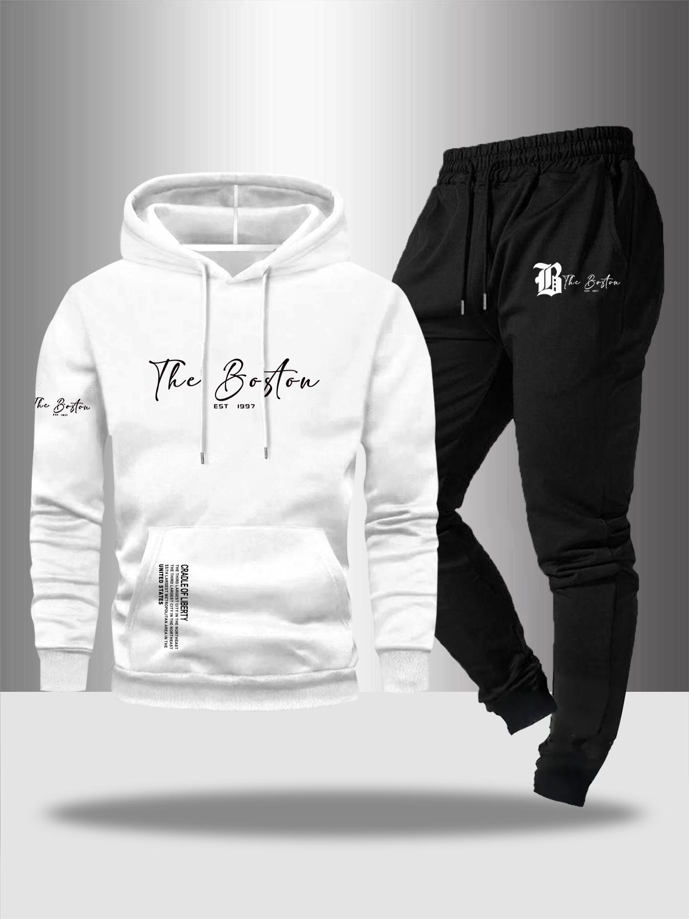 Men's Fall Winter Casual Two-Piece Set, Hooded Sweatshirt & Drawstring Waist Pants, Thicken Fabric, Fitted Style, Letter Print Design