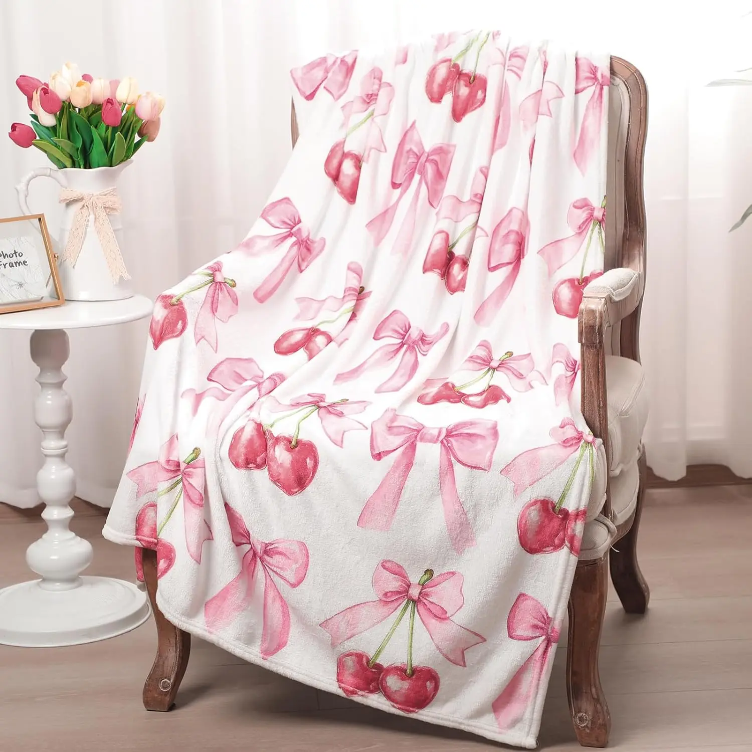 Bow Cherry Blanket 50 x 60 Inch  Soft Flannel Lightweight Blanket Bows Aesthetic Preppy Cute Fuzzy Room Decor for Spring Graduation  to School  Sofa Travel Bed