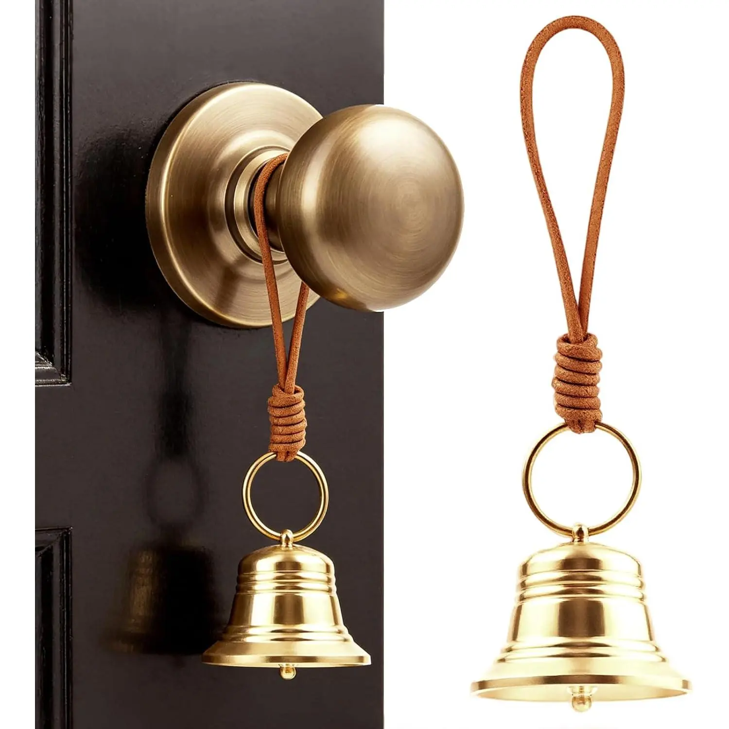 1 count Small Brass  Bells for Door Knob,   Door  with Leather Rope, Shopkeepers  for Front Door Opening, Jingle  for  Office Garden Shop & Christmas Decor