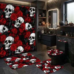 4pcs Halloween Skull and Red Rose Shower Curtain Set, Gothic Vampire Bath Decor, Spooky Home Bathroom Trend, Horror Floral Toilet Cover Rug Mat, TikTok Shop Hot Item