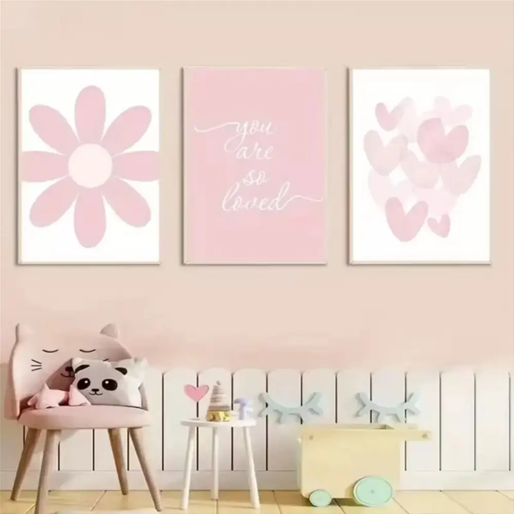 3 Pieces Cartoon Pink Heart Daisy Kids Art, Nordic Wall Mural, Sweet Childlike Home Art, Cute Gallery Decor, Pink Tone Painting, Wall Decor for Kids Room and Nursery, Framed or Unframed, Art Canvas Prints, Wall Art Set
