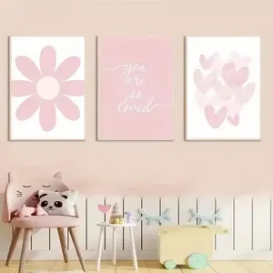 3 Pieces Cartoon Pink Heart Daisy Kids Art, Nordic Wall Mural, Sweet Childlike Home Art, Cute Gallery Decor, Pink Tone Painting, Wall Decor for Kids Room and Nursery, Framed or Unframed.