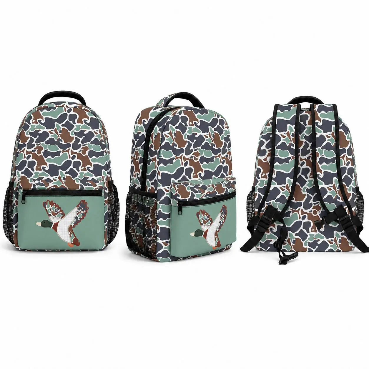 Duck Camo Print Kids School Backpack, Outdoor Wildlife Bookbag for Boys Girls with Front Zipper Pocket, Dual Side Mesh Pockets and Top Handle, Elementary Student Daypack for Back to School, Classroom, Travel, Camping, School Supplies and Daily Use
