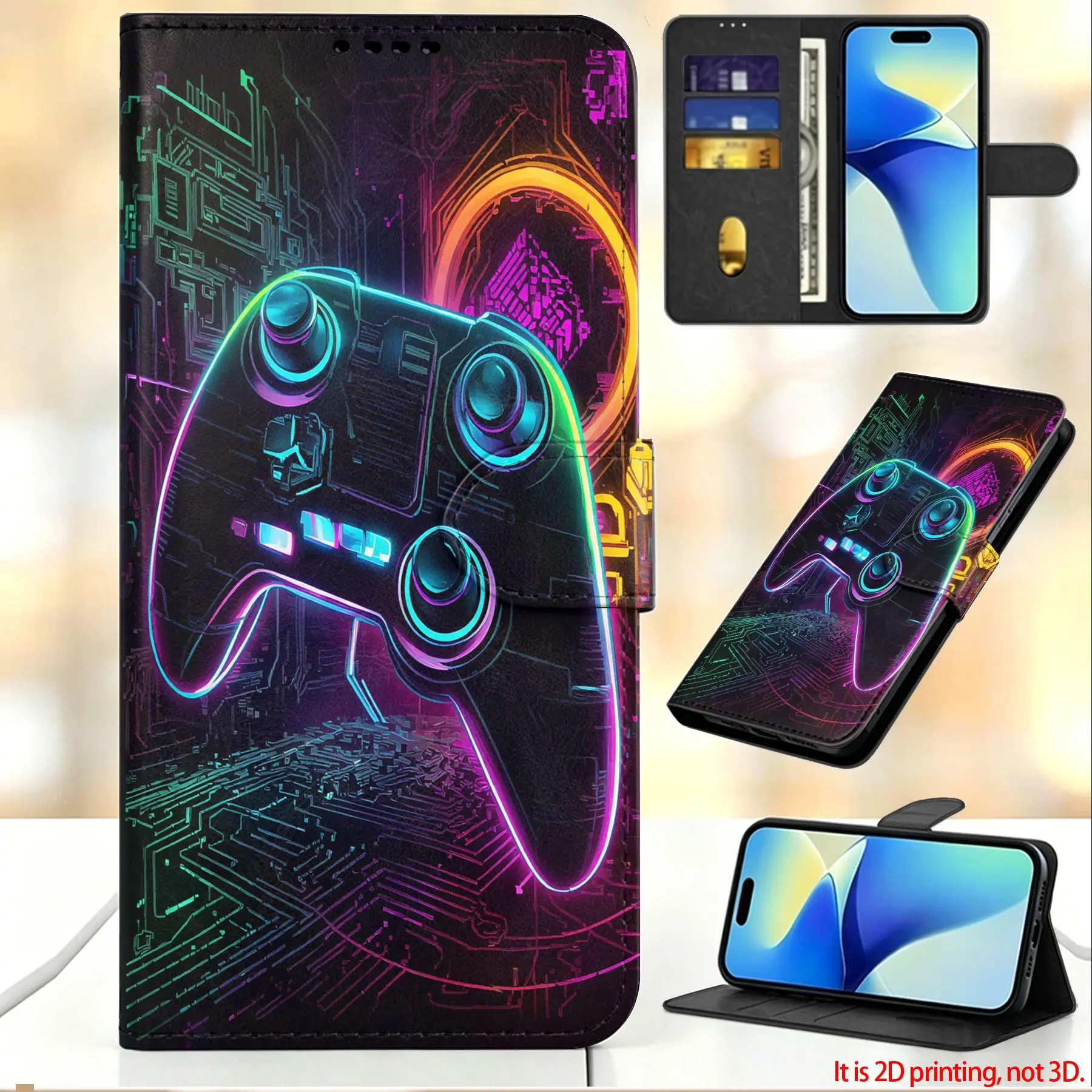 Phone Case PU Material Game Controller Neon Pattern Wallet Phone Case with Card Slots Cyberpunk Neon Style Daily Commute Outdoor Use Must-have for Gamers Students Young People For iPhone 13-17 and For Samsung Galaxy S23-S26/M15/16/F55
