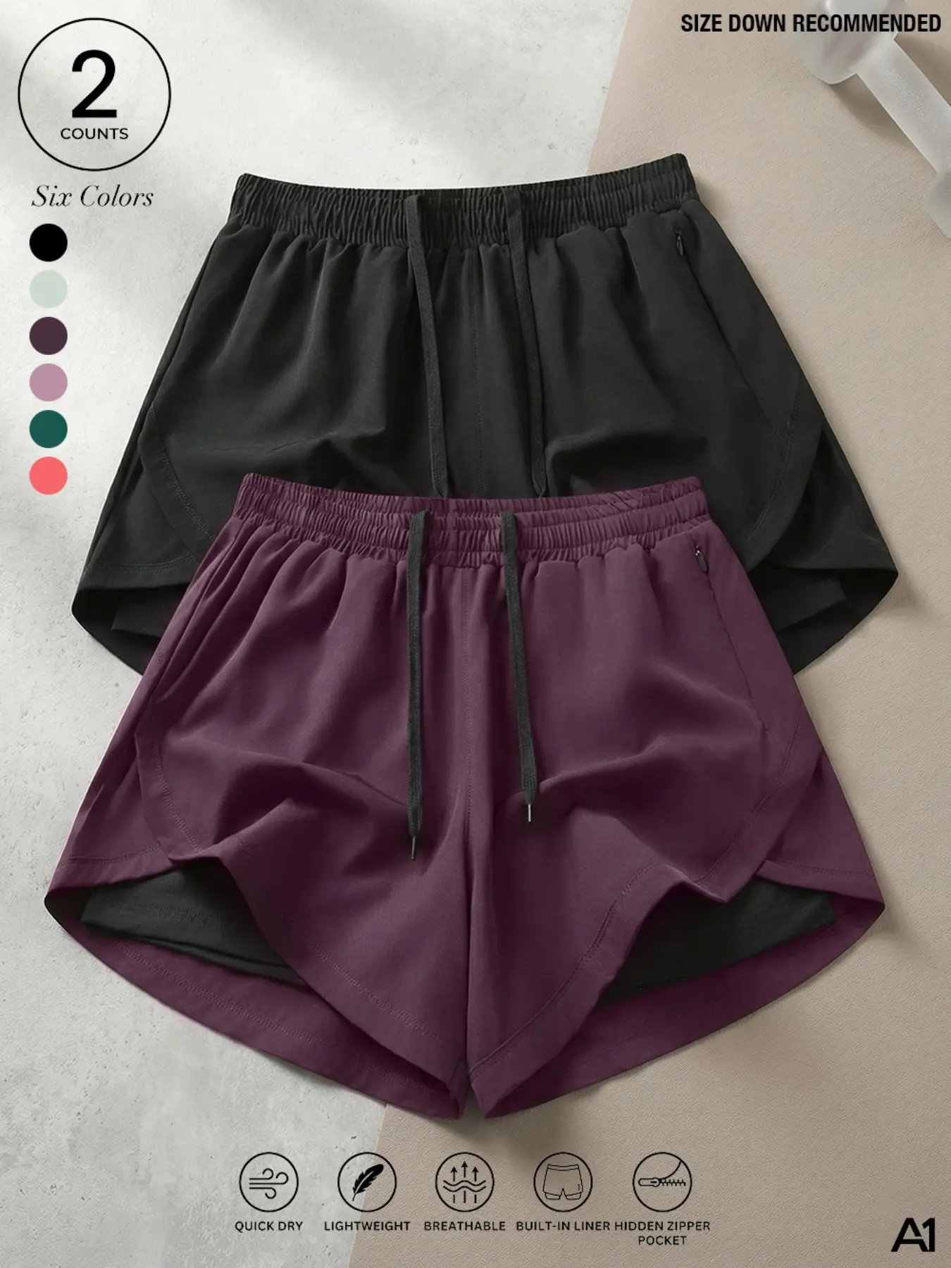 A1 Women's High-Waisted 2 in 1 Running Tennis Casual Loose Sporty Shorts Lightweight Breathable Woven Athletic Shorts Built in Liner Hidden Zip Pocket Elastic Waist Drawstring Quick Dry Gym Workout Athleisure Shorts