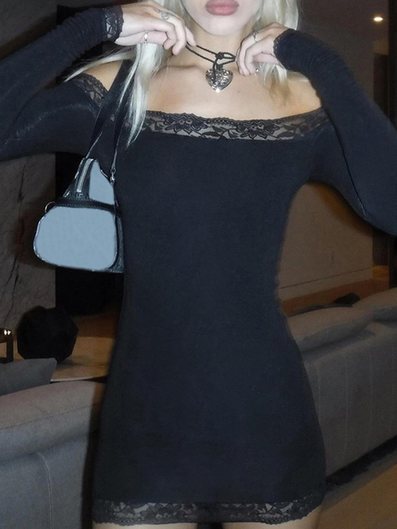 Women's Contrast Lace Off Shoulder Bodycon Party Dress, Elegant Long Sleeve Mini Dress for Parties, Clubs and Dating, Ladies Spring & Fall Clothes, Valentine's Day Gift for Her