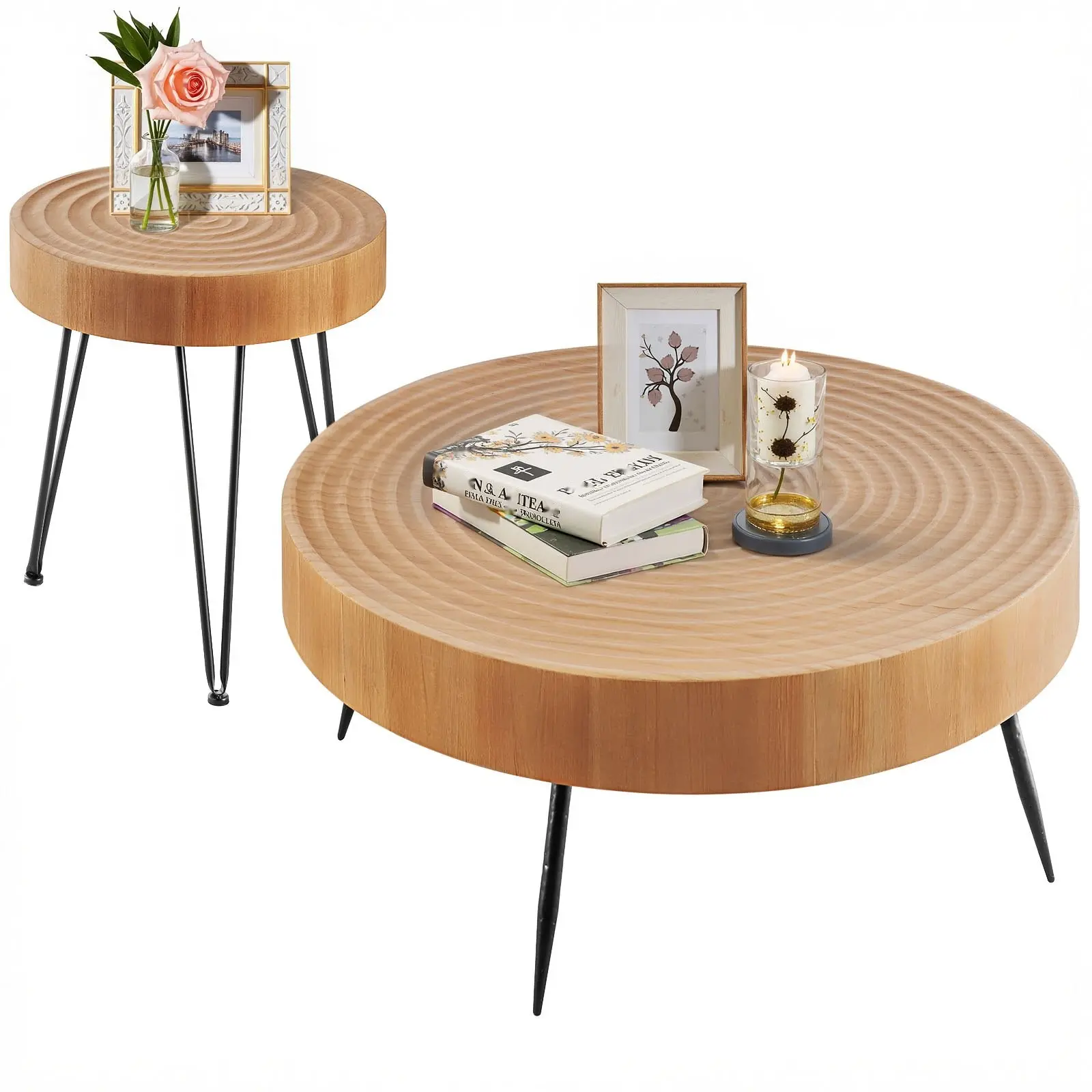 2-Piece Round Coffee Table Set, 31.3-Inch Industrial Living Room Tables with One End Side Table and Metal Legs, Easy Assembly Coffee and End Tables Set for Office, Living Room, and Apartment