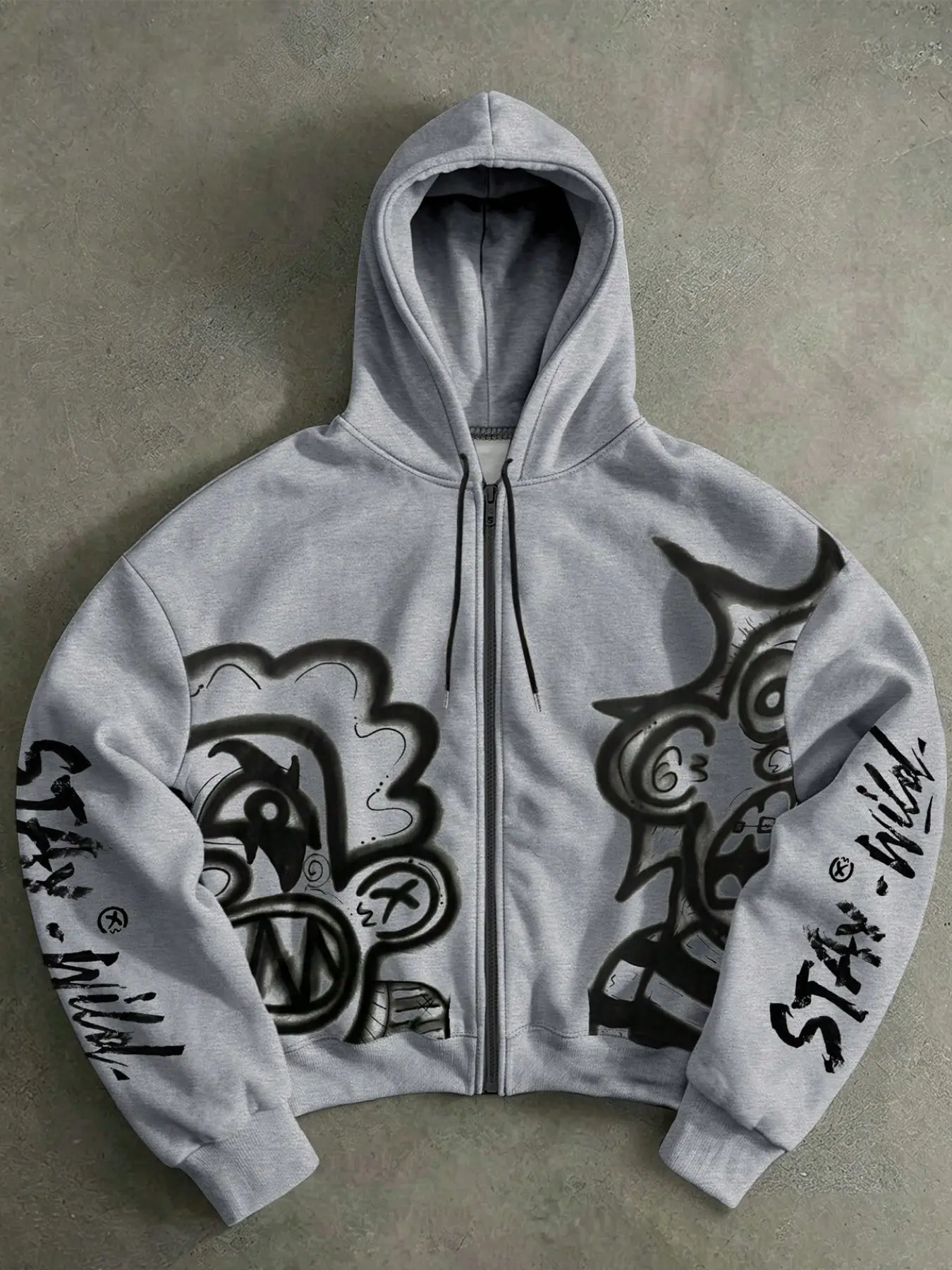 Men's graffiti monster print short zip-up hoodie, loose-fitting street art print Y2K street style hooded jacket