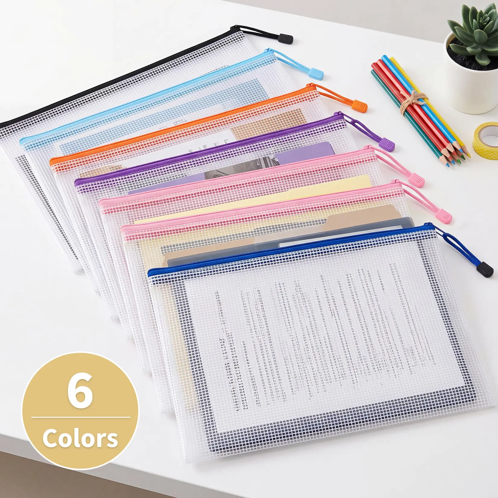 48 Pack A3 Mesh Zipper Pouch Bags, 6 Colors Clear PVC Zipper Pouches, 16.9"x11.6" Waterproof Document Organizer, Storage Bags for School, Office