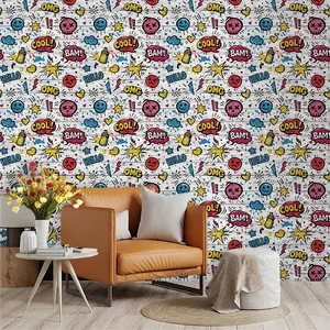 American Pop Art Graffiti Wallpaper, Stars Lightning Hearts Skulls, Blue, PVC Adhesive, Living Room Kitchen Bedroom Decor