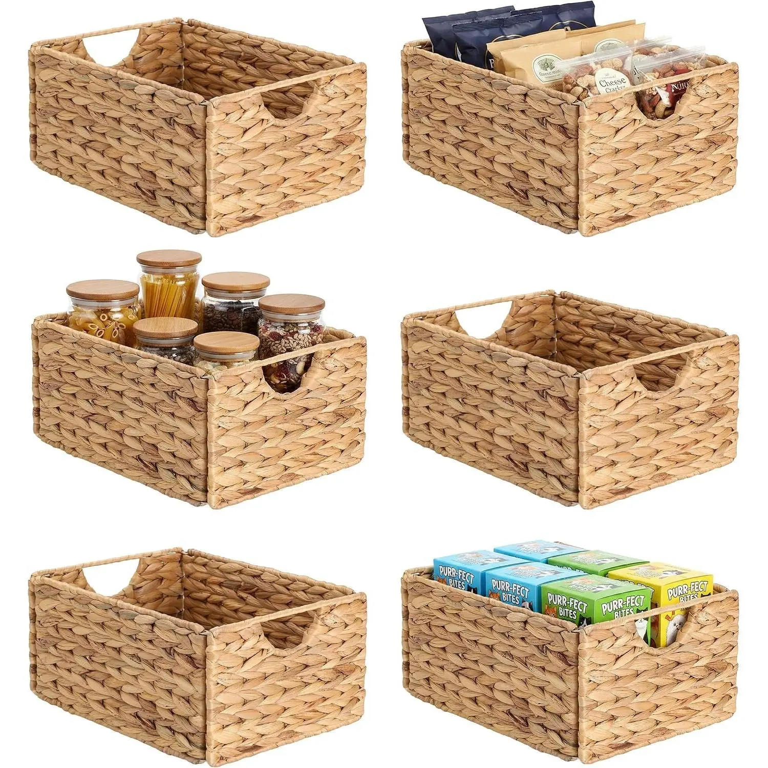 Water Hyacinth Pantry Baskets Set of 6, 12.5 x 9.5 x 6in Wicker Storage Baskets for Shelves, Pantry Baskets Organization, Bathroom Shelves Storage Basket