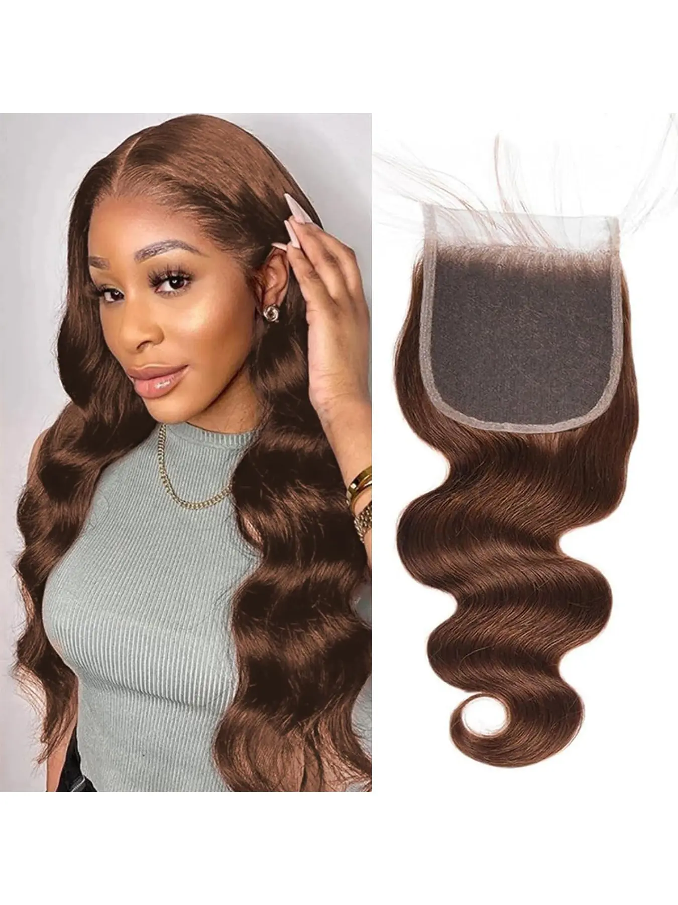Brown Closure Human Hair 4# Chocolate Brown Lace Front Closure Body Wave Transparent Lace 4 By 4 Pre Plucked Free Part 100% Unprocessed Brazilian Virgin Human Hair
