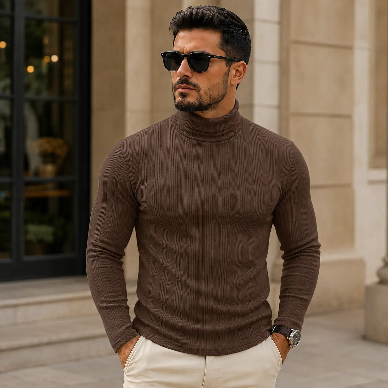 Menswear Ribbed Knitwear Plain Long-Sleeves Turtleneck Slim-Fit Pullover - Soft Stretch Warm Winter Casual Basic Clothes, Korean Style Streetwear Outfit