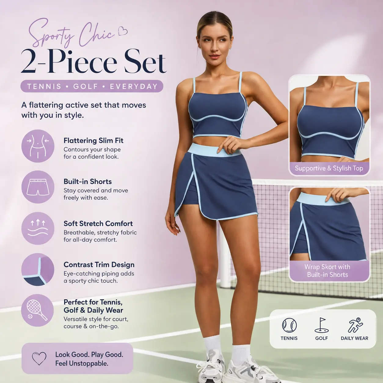 Women's Tennis Set with Built-In Bra Pad Short Top & Sports Skirt with Pockets, Contrast Binding Design Sportswear, Workout Set, Workout Running Outfits, Sports Fitness Wear, Stretchy Suit Set
