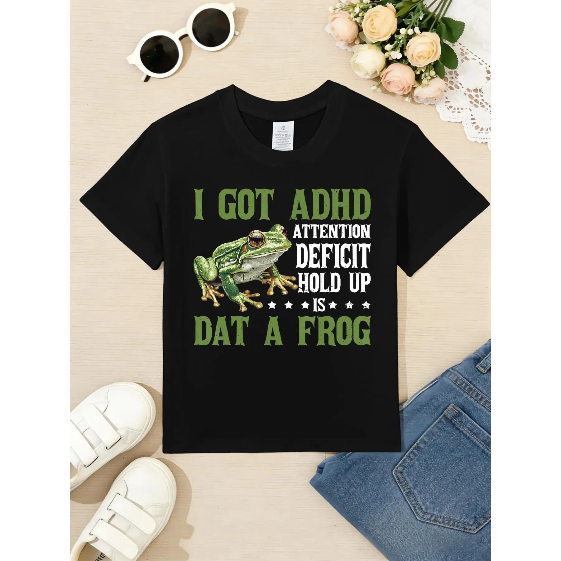 Kids’ 100% Cotton Fitted Cut Graphic Print "I Got ADHD Attention Deficit Hold Up Is Dat A Frog" Crew Neck Short Sleeve Tee, Soft Breathable Casual Top for Boys, Suitable for Daily Outfits