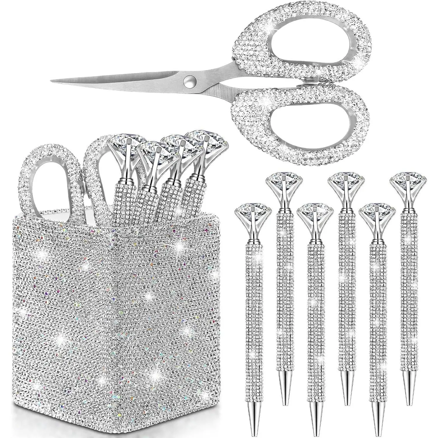 8 count Bling Desk Accessories  with 1 Bling Pen Holder 6 count  Rhinestone Pens 1   Glitter Makeup Brush Holder Valentines   Decor Organizer(White)